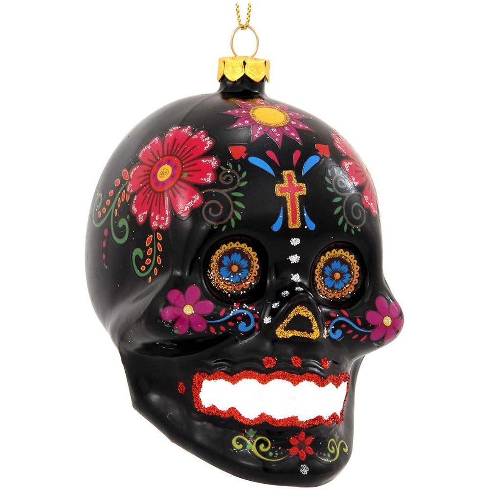 NWT Blown Glass Day of the Dead Black Skull Ornament-Cross-blue-gold-red-flowers